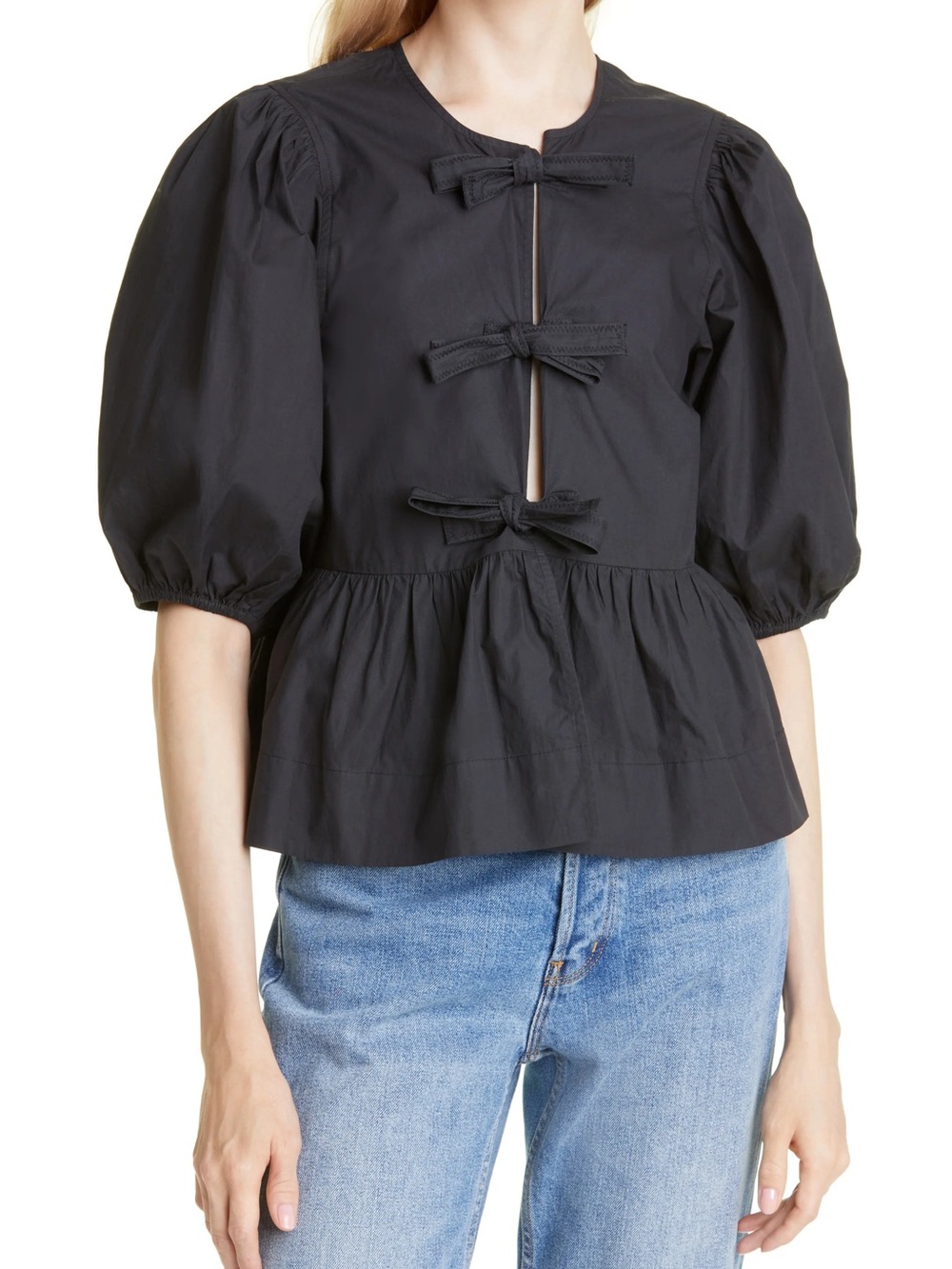 Black Puff-Sleeve Bow-Front Peplum Blouse - Women